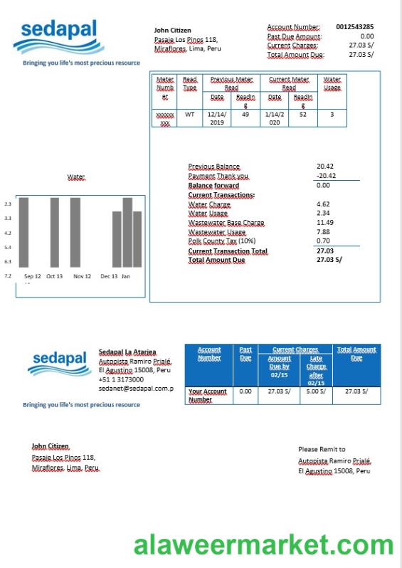 Peru Sedapal La Atarjea water utility bill in Word format